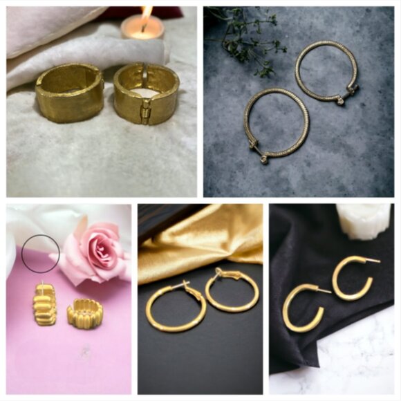 HOOP EARRINGS BUNDLE -- Set of 5 = Pierced (4)/Clip On (1), 4 Gold/1 Silver - Picture 1 of 15